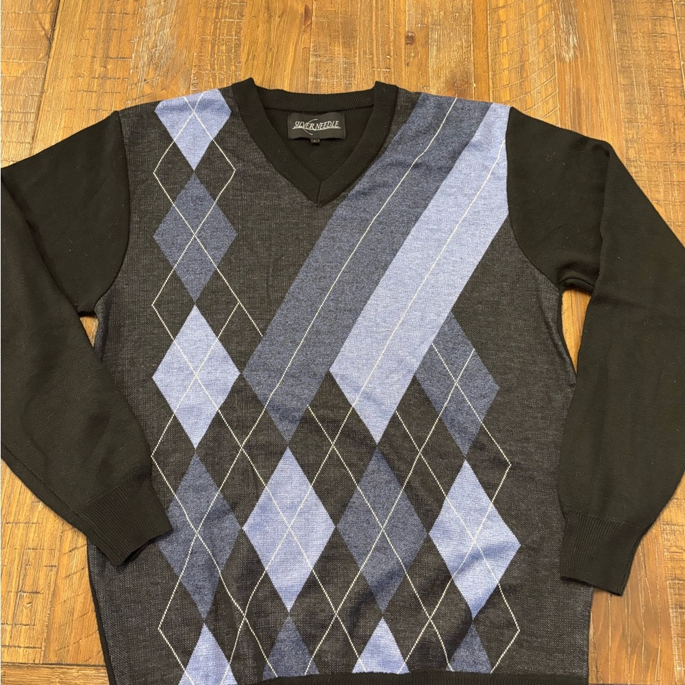 Black and Blue Argyle V-Neck Sweater